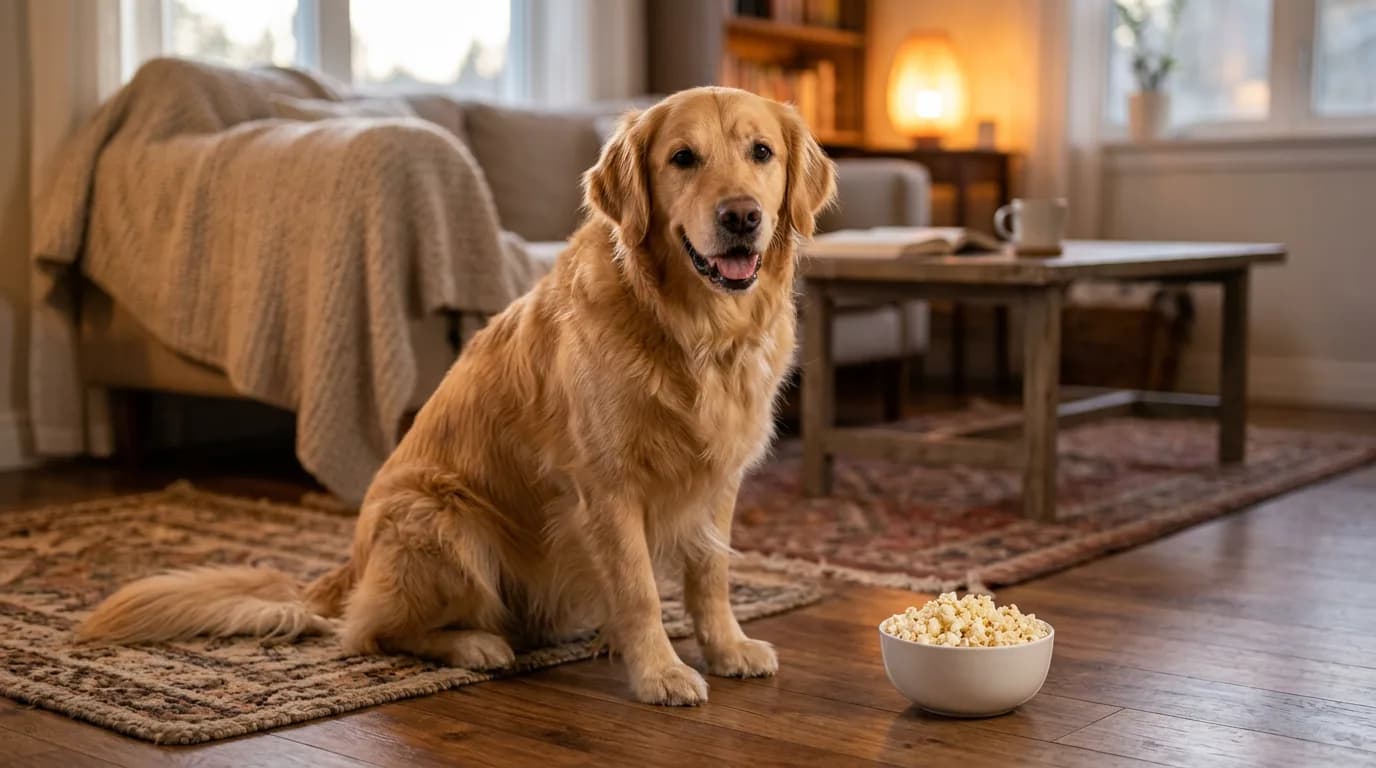 Golden retriever sitting beside a bowl of plain air-popped popcorn, illustrating whether dogs can eat popcorn safely