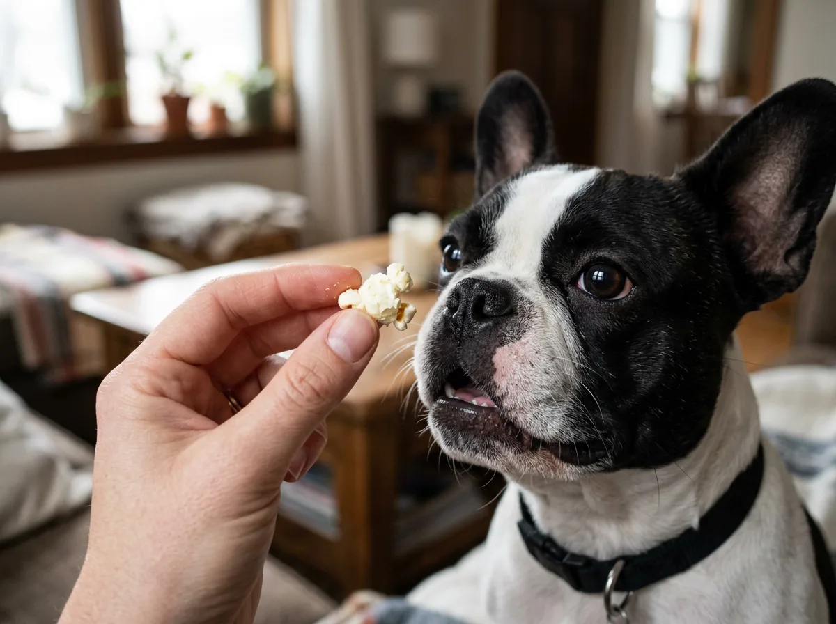 Hand feeding one piece of plain popcorn to a French Bulldog, showing safe small-portion feeding