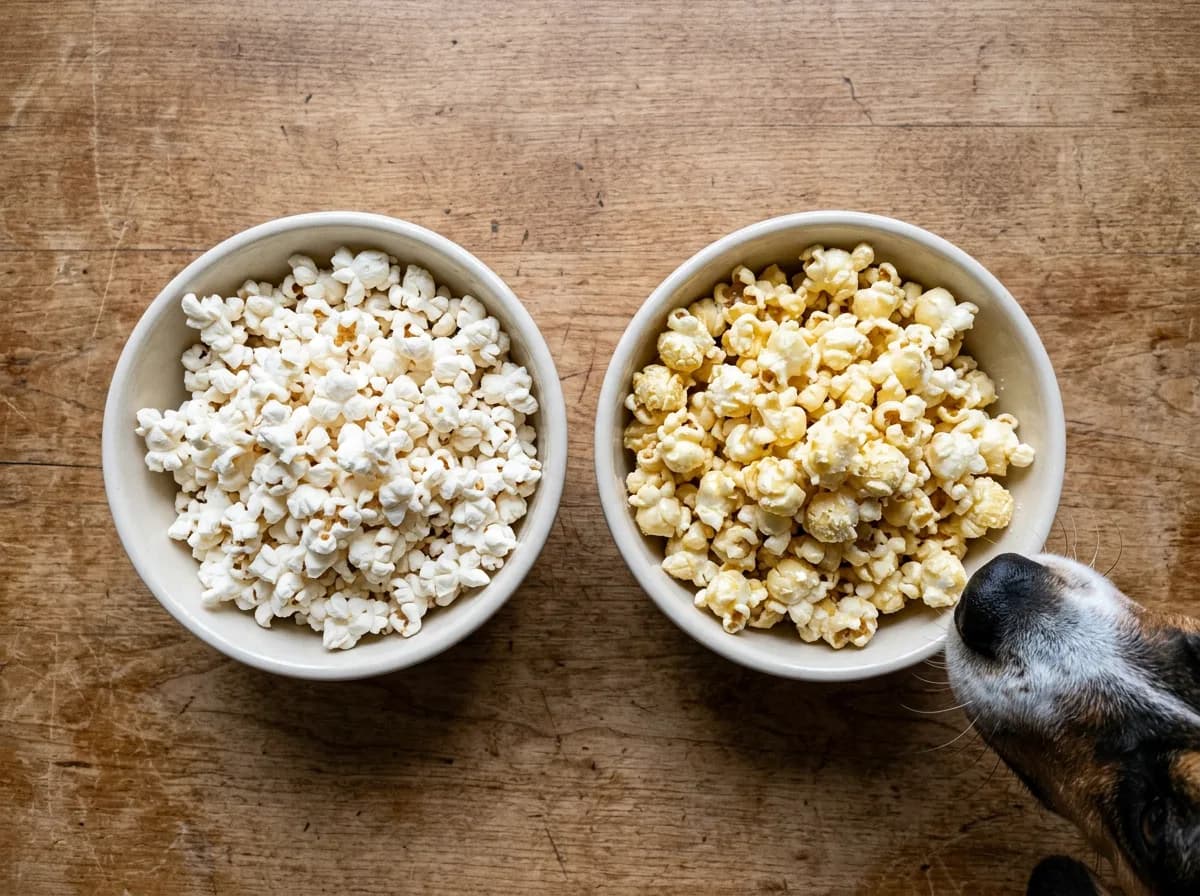 Plain air-popped popcorn versus buttered salted popcorn with a beagle nearby, comparing safe and unsafe popcorn for dogs