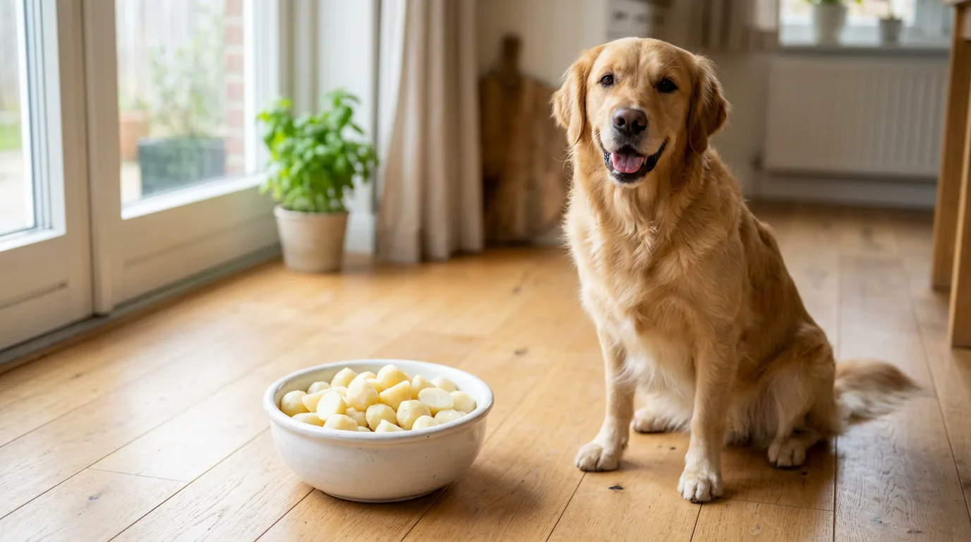 Golden retriever next to a bowl of plain cooked potatoes, illustrating that dogs can eat potatoes when fully cooked