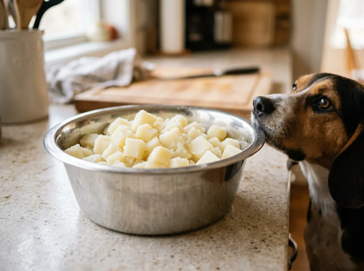 Plain diced cooked potatoes in a dog bowl with a beagle, a safe way for dogs to eat potatoes