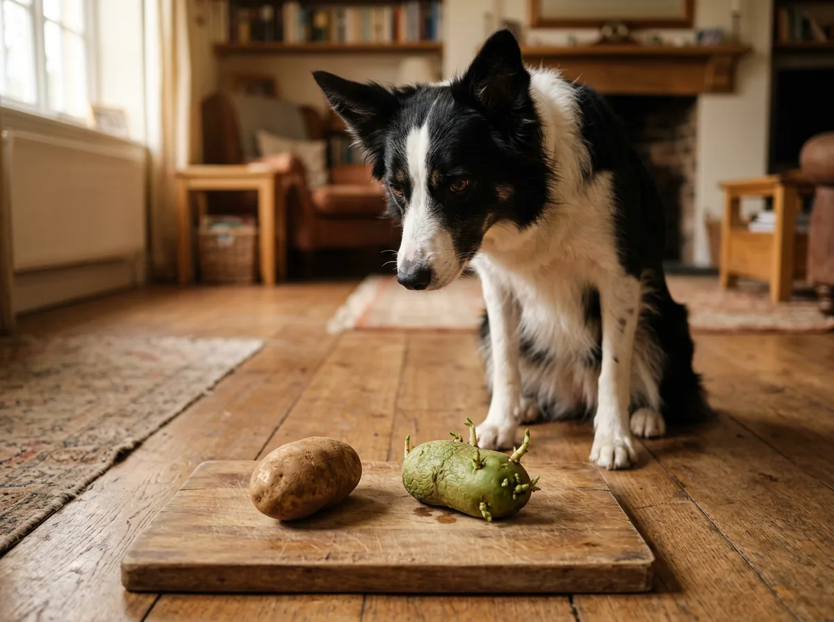 Border collie beside raw and green sprouting potatoes that are unsafe because dogs cannot eat raw potatoes