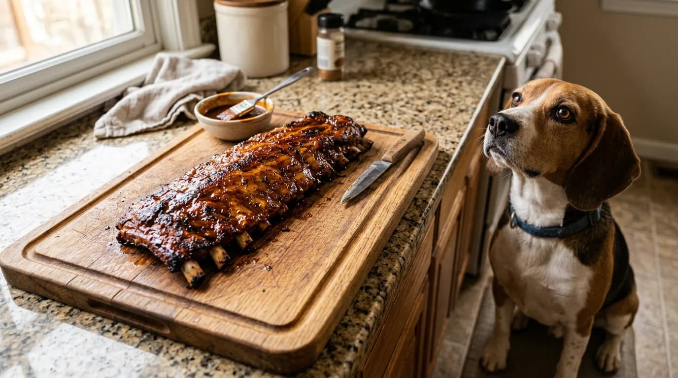 Can dogs eat rib bones: a beagle eyeing a rack of cooked pork ribs on the counter