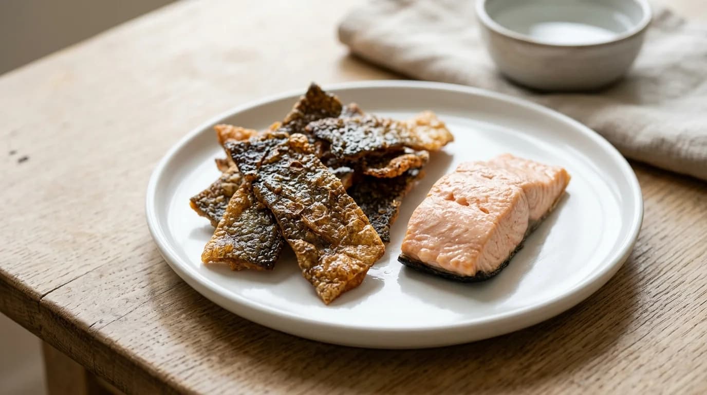 Crispy cooked salmon skin pieces beside a cooked salmon fillet portion, the safe preparation method for dogs
