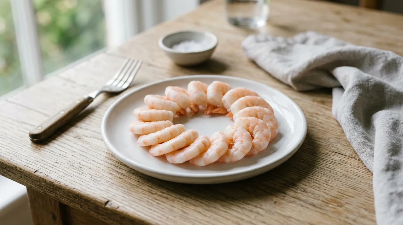 A small white plate of plain cooked peeled deveined shrimp, the safe preparation method for dogs in moderation