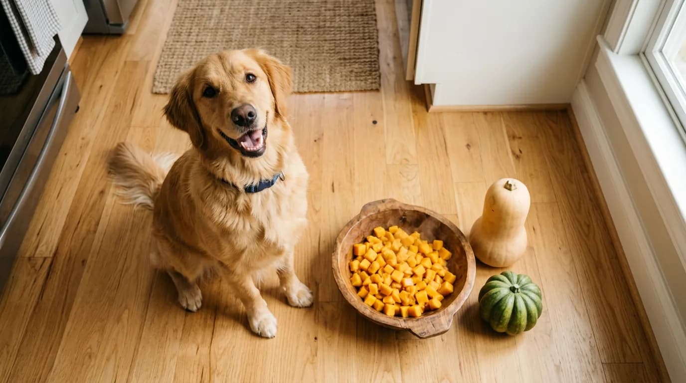Golden retriever next to a bowl of cooked butternut squash, illustrating that dogs can eat squash