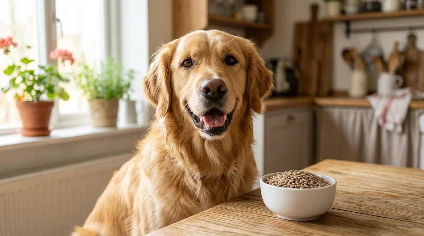 Golden retriever beside a bowl of shelled sunflower seeds, illustrating whether dogs can eat sunflower seeds