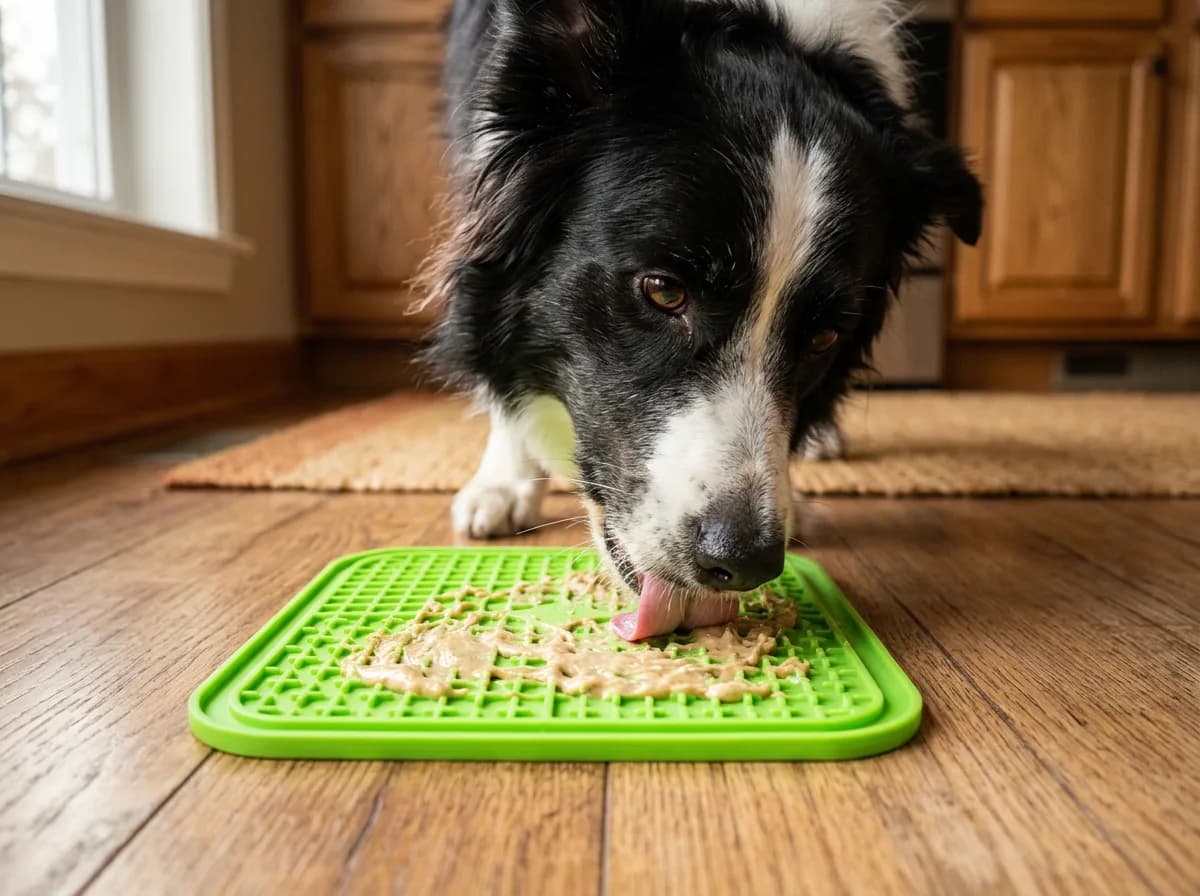 Border collie eating plain sunflower seed butter off a lick mat as a dog-safe treat