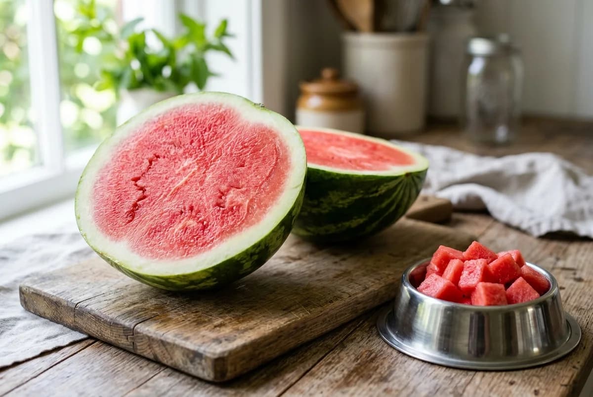 Watermelon sliced open showing the red flesh next to the thick green rind, with bite-size cubes in a dog bowl