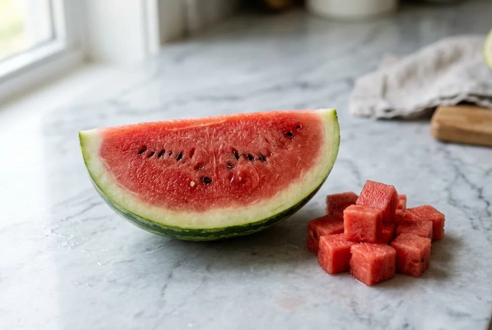 Cross-section of a watermelon showing the red flesh, pale inner rind, and dark green outer skin layers