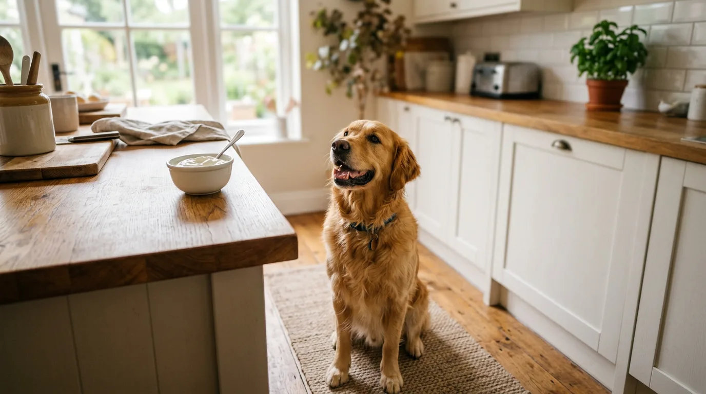 Golden retriever looking at a bowl of plain yogurt, illustrating can dogs eat yogurt