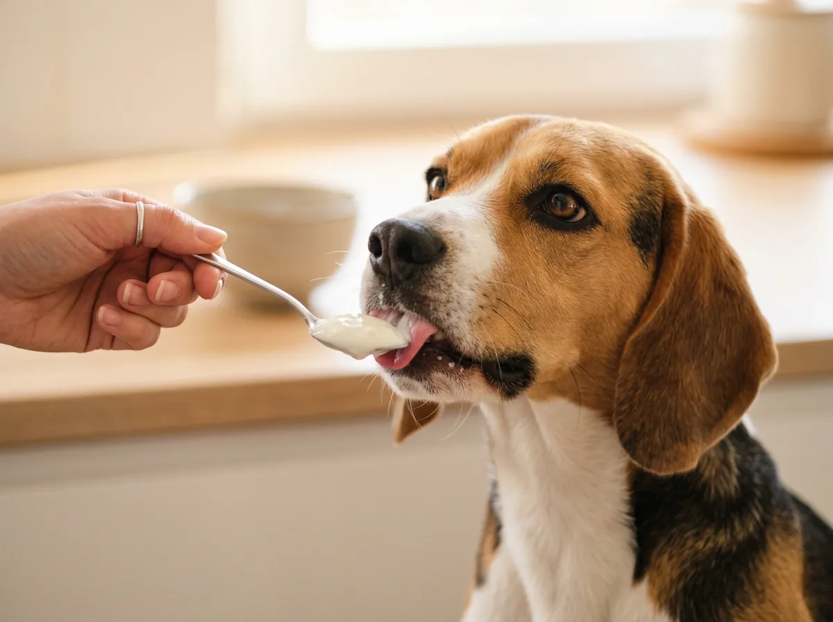 Beagle licking plain Greek yogurt off a spoon, a safe yogurt serving for dogs
