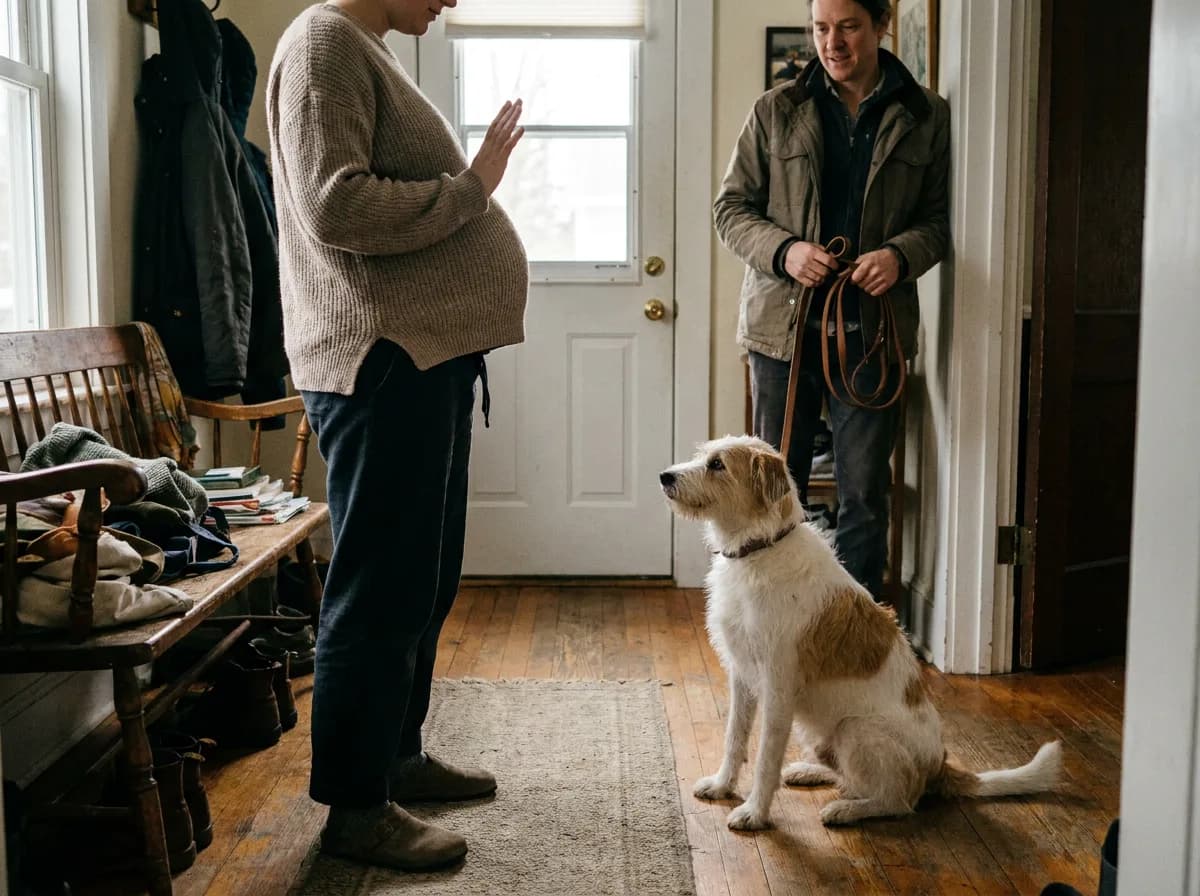 Pregnant person giving a hand cue to a seated dog while another adult holds a leash