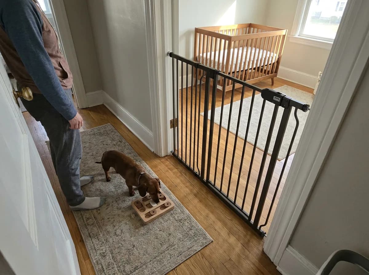 Adult supervising a dachshund with a food puzzle outside a gated nursery
