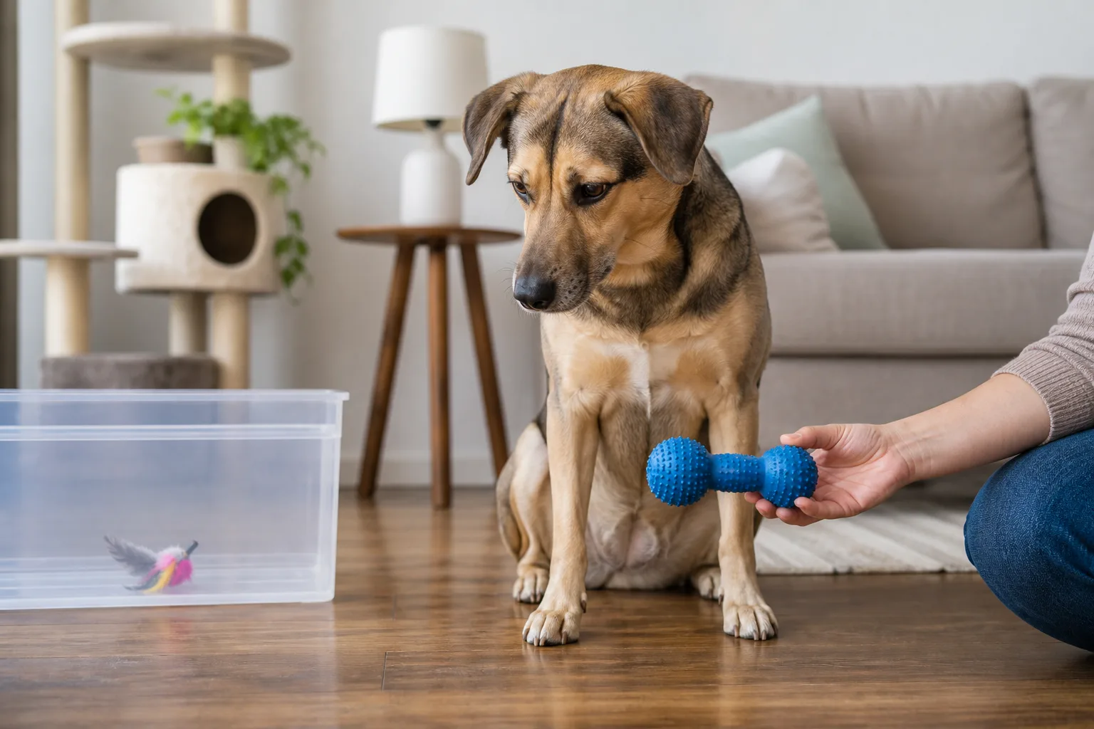 A supervised dog choosing a correctly sized dog toy while a small feathered cat toy stays separated in a storage bin