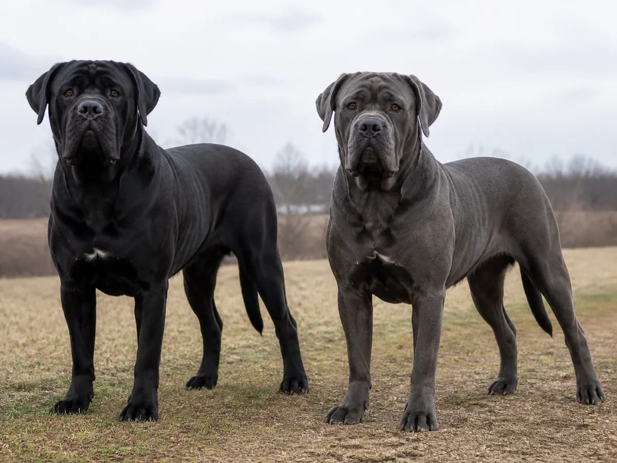 Black and gray adult Cane Corsos side by side in neutral daylight