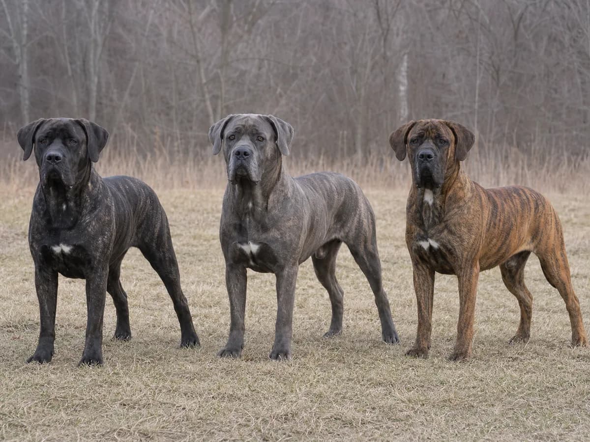 Three Cane Corsos showing distinct black, gray and chestnut brindle striping
