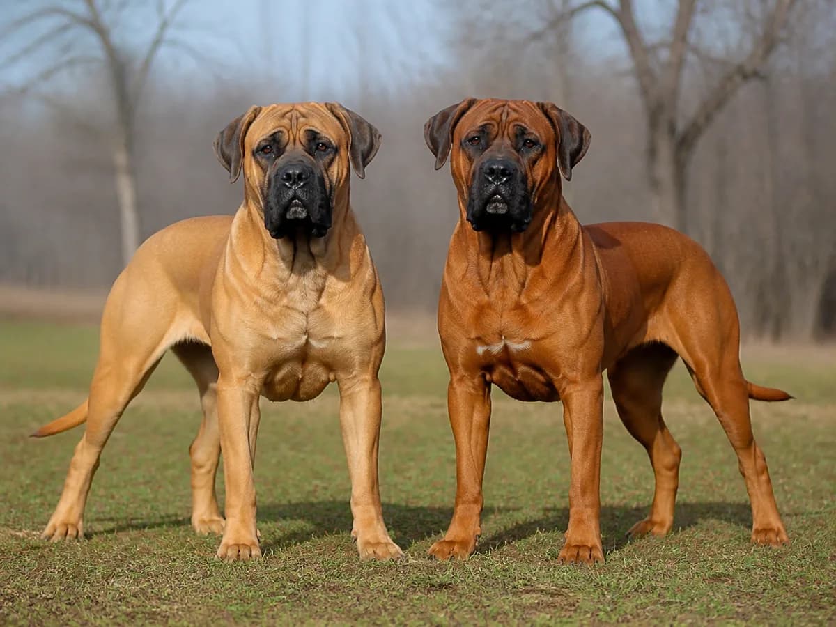 Fawn and red adult Cane Corsos side by side with masks visible