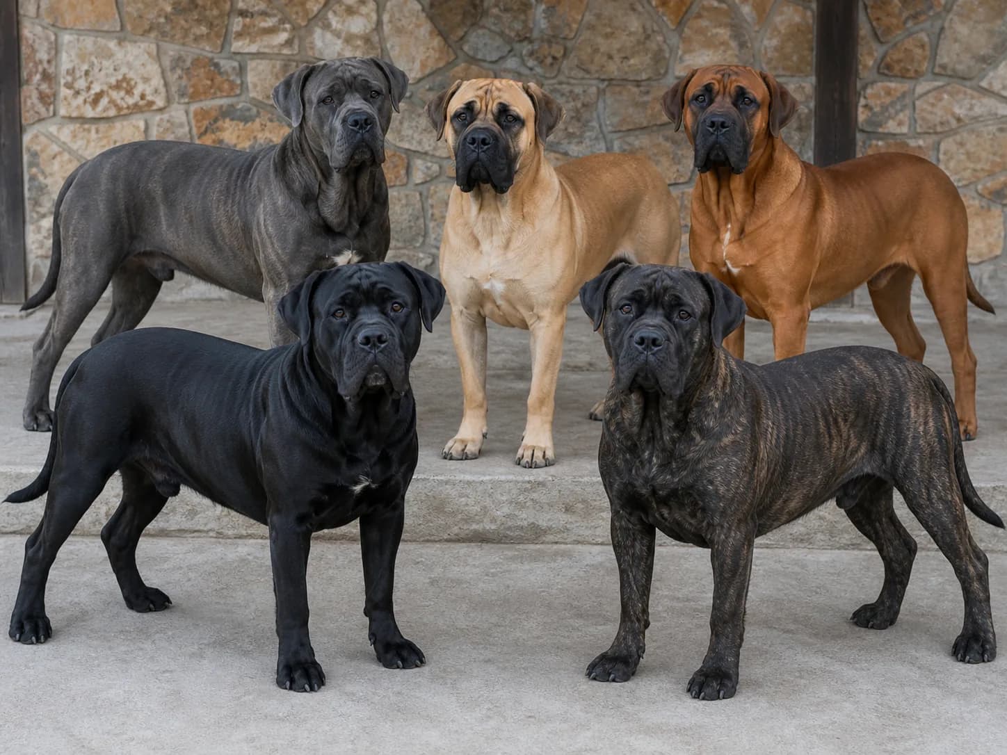 Group of uncropped Cane Corsos in black, gray, fawn, red and brindle coats standing naturally in even daylight