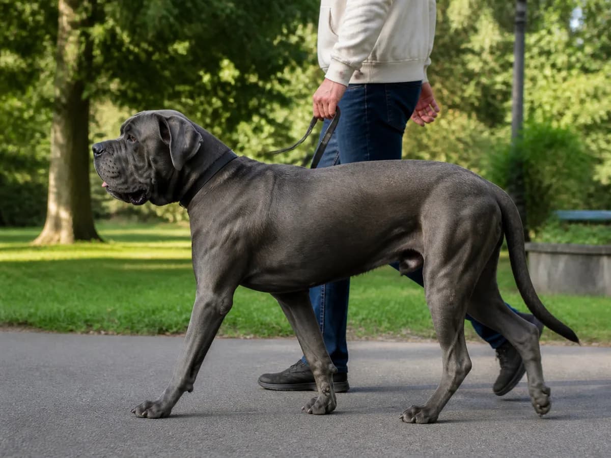 Mature Cane Corso walking comfortably on level ground beside an owner