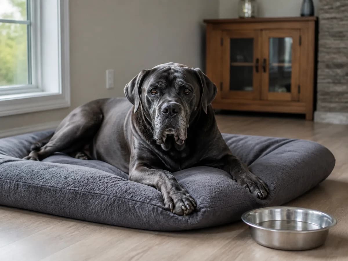 Senior Cane Corso resting on a supportive jumbo bed near accessible water
