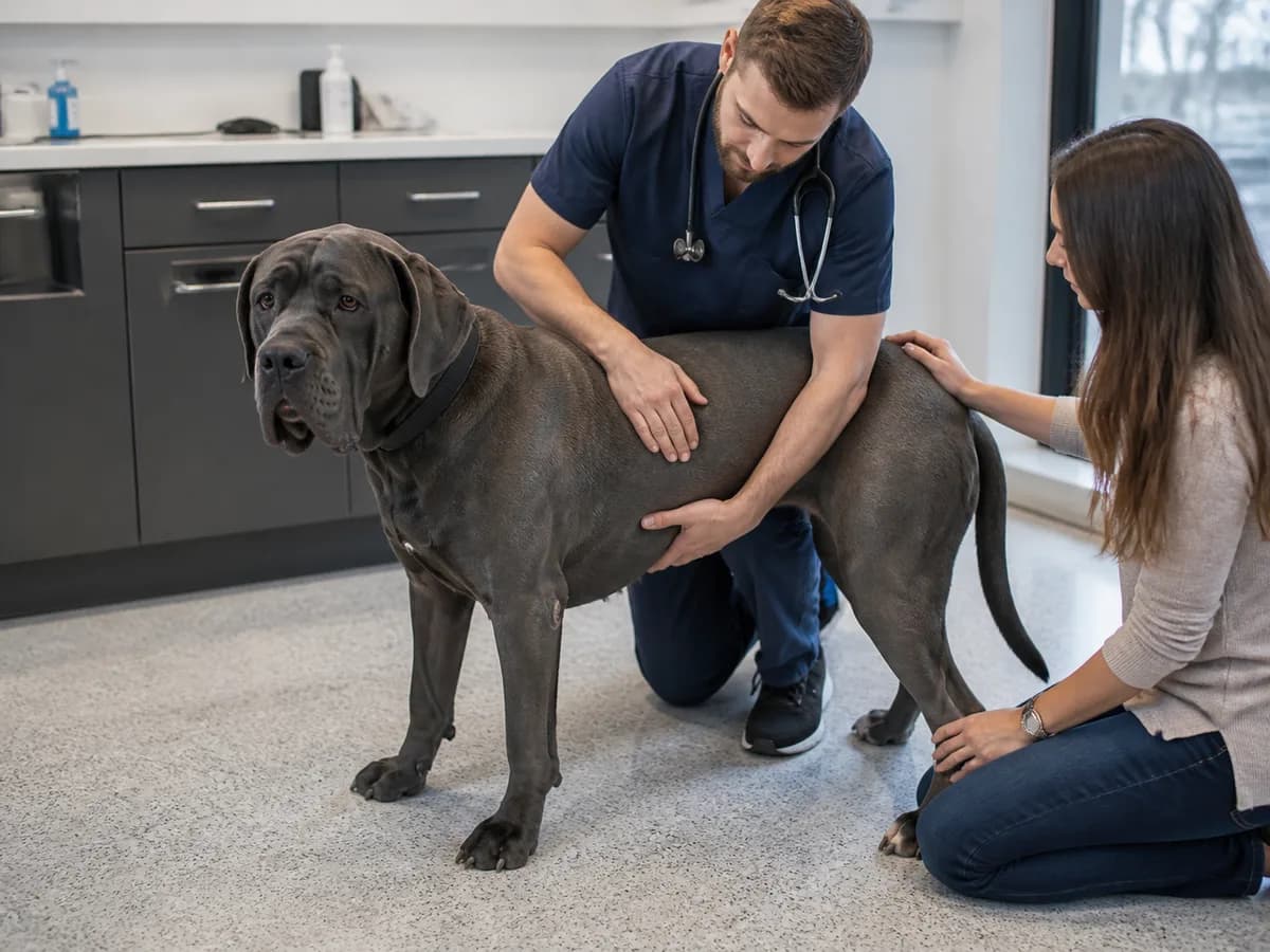 Veterinarian assessing a Cane Corso body condition from the side and above