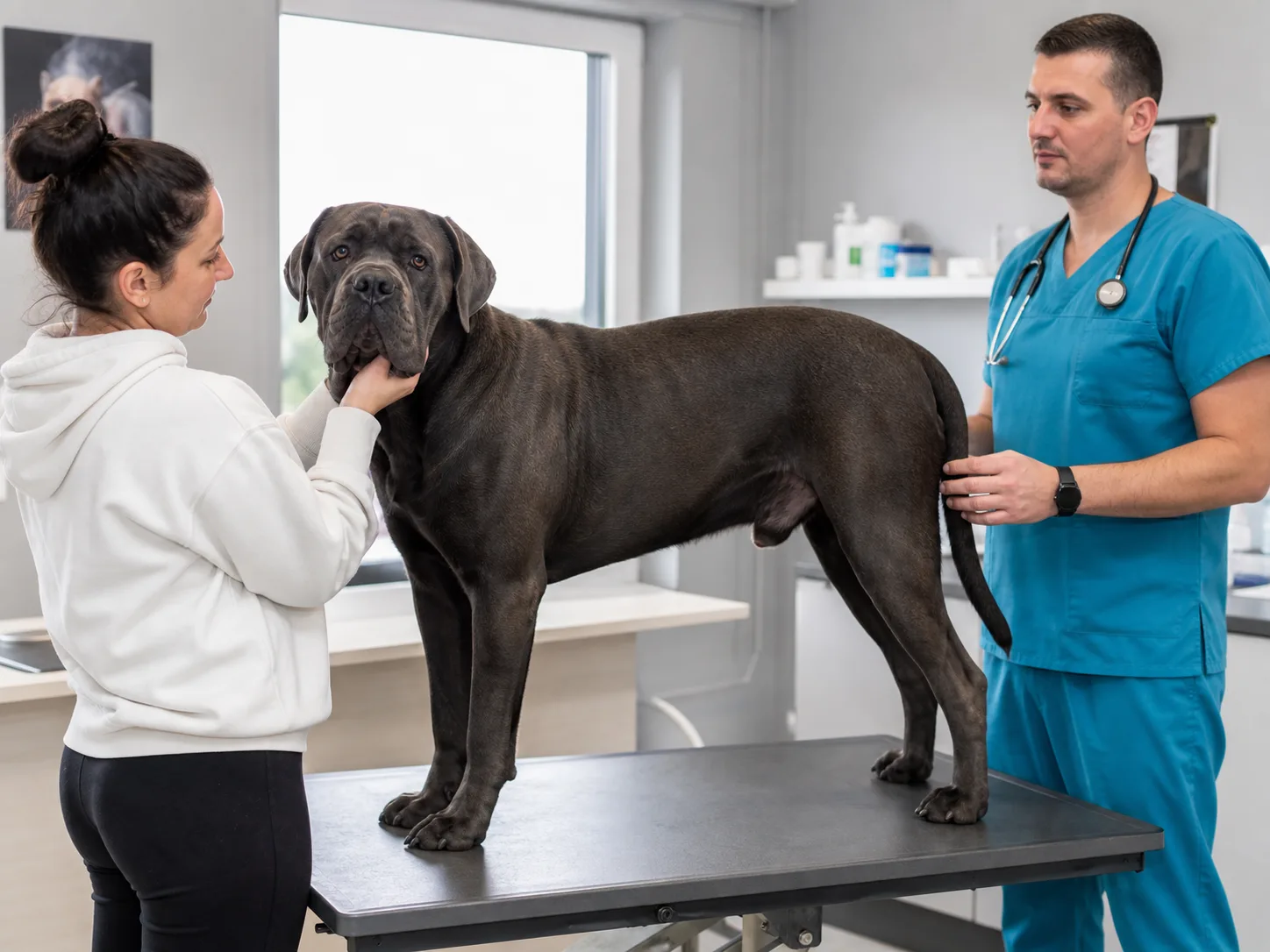 Adult uncropped Cane Corso calmly standing on a veterinary exam table with owner present