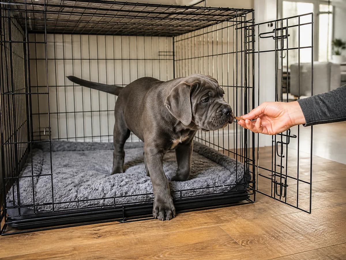 Cane Corso puppy calmly entering a secure correctly sized crate