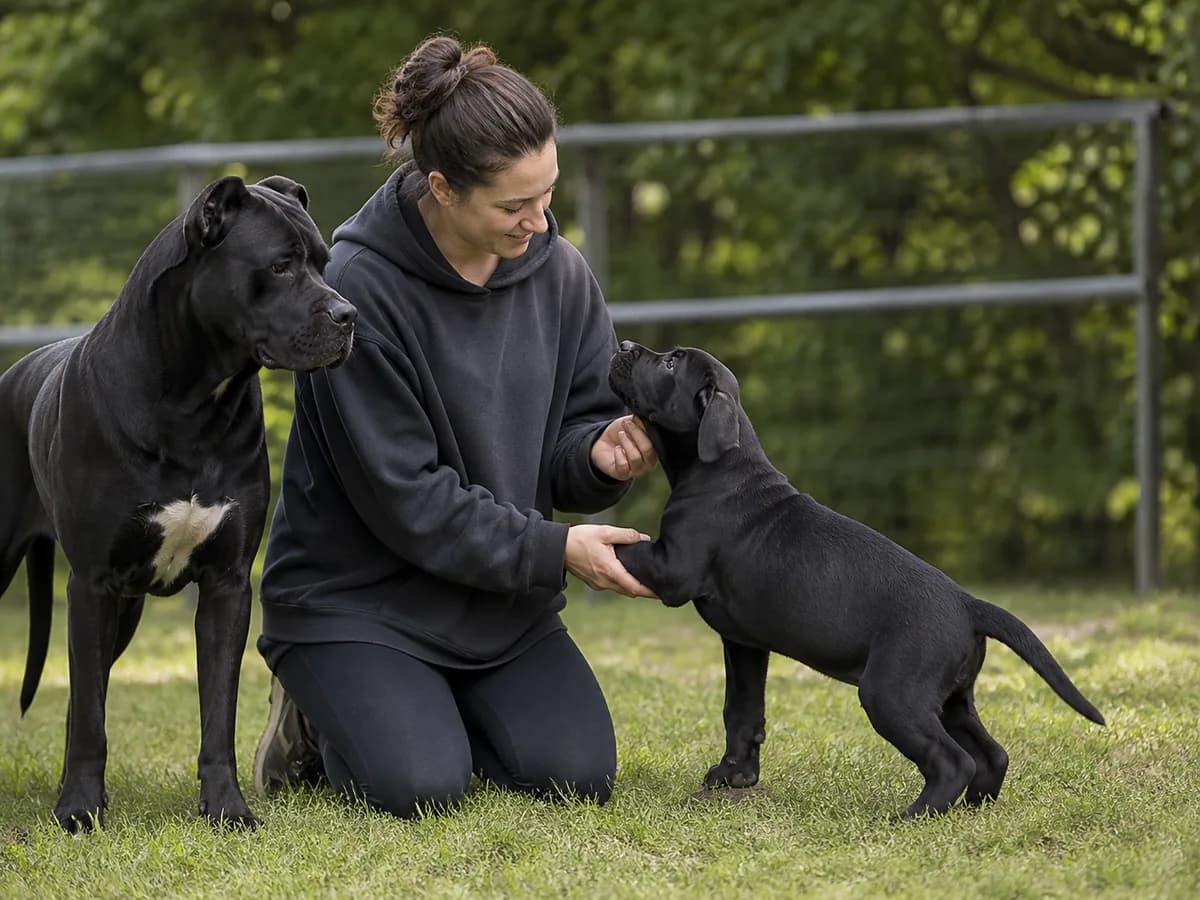 Cane Corso puppy interacting calmly with a handler while an adult parent dog remains visible