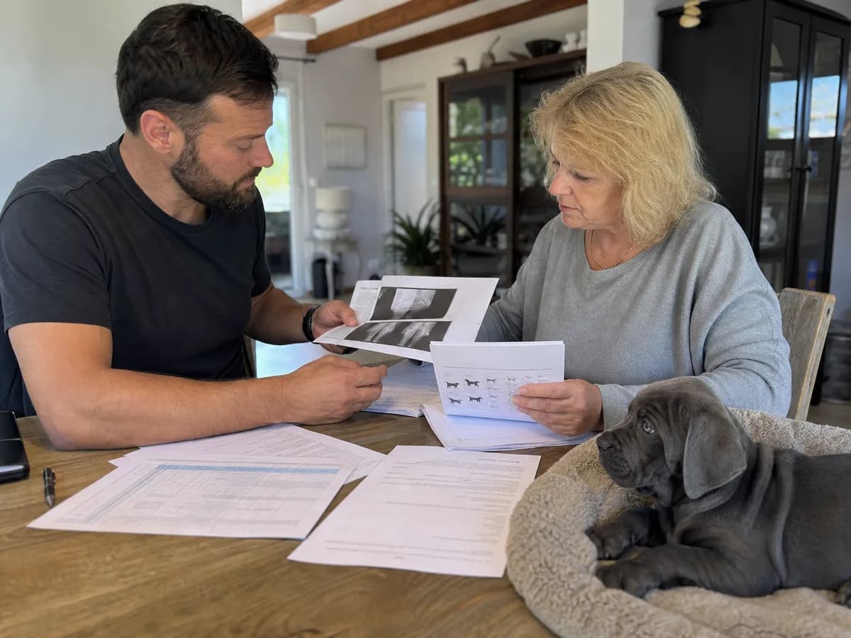 Buyer reviewing health results, veterinary record and contract with personal details obscured