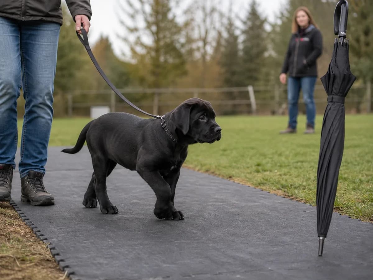 Cane Corso puppy experiencing a calm positive socialization session with varied surfaces