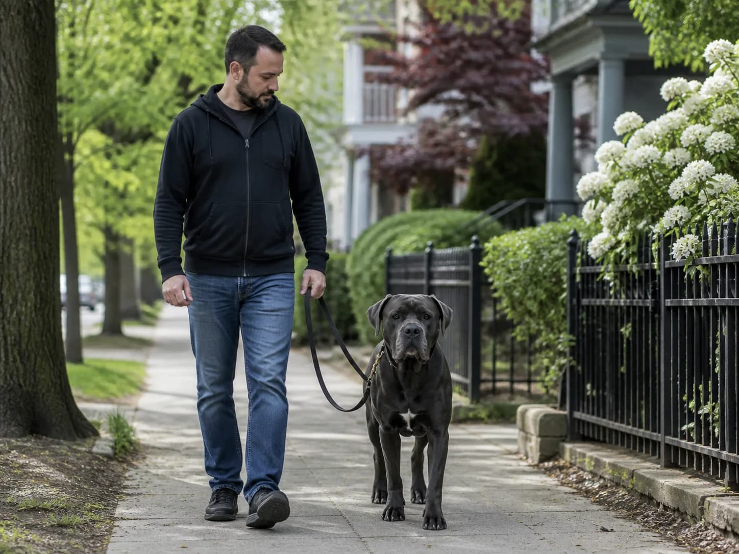 Adult uncropped Cane Corso calmly standing beside an experienced handler in a quiet neighborhood