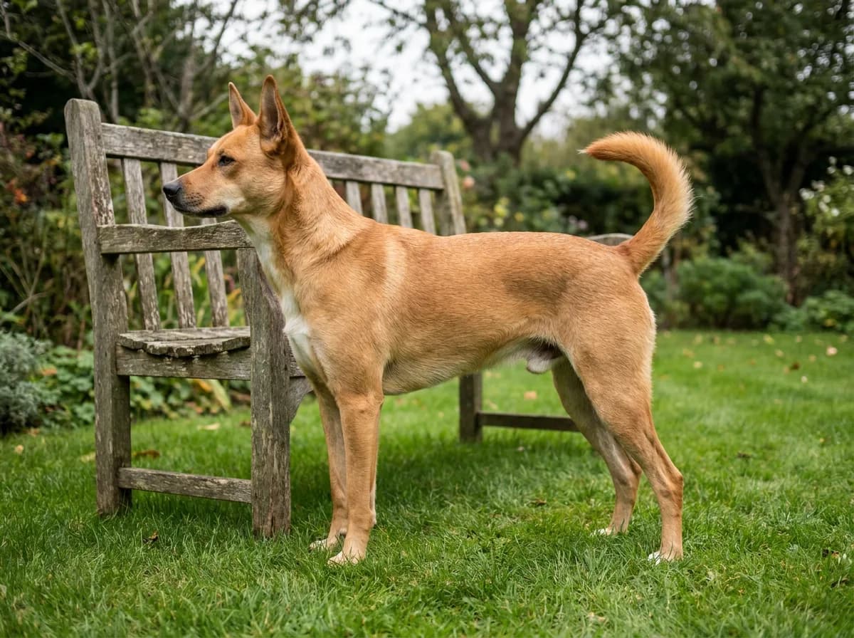 Adult Carolina Dog beside a garden bench showing upright ears, a curved tail, and lean body proportions