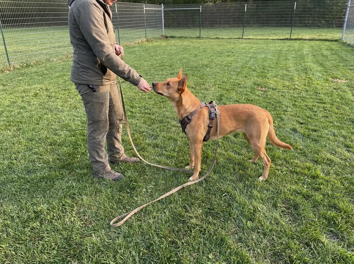 Carolina Dog receiving a reward in an enclosed exercise area with secure fencing and a long leash