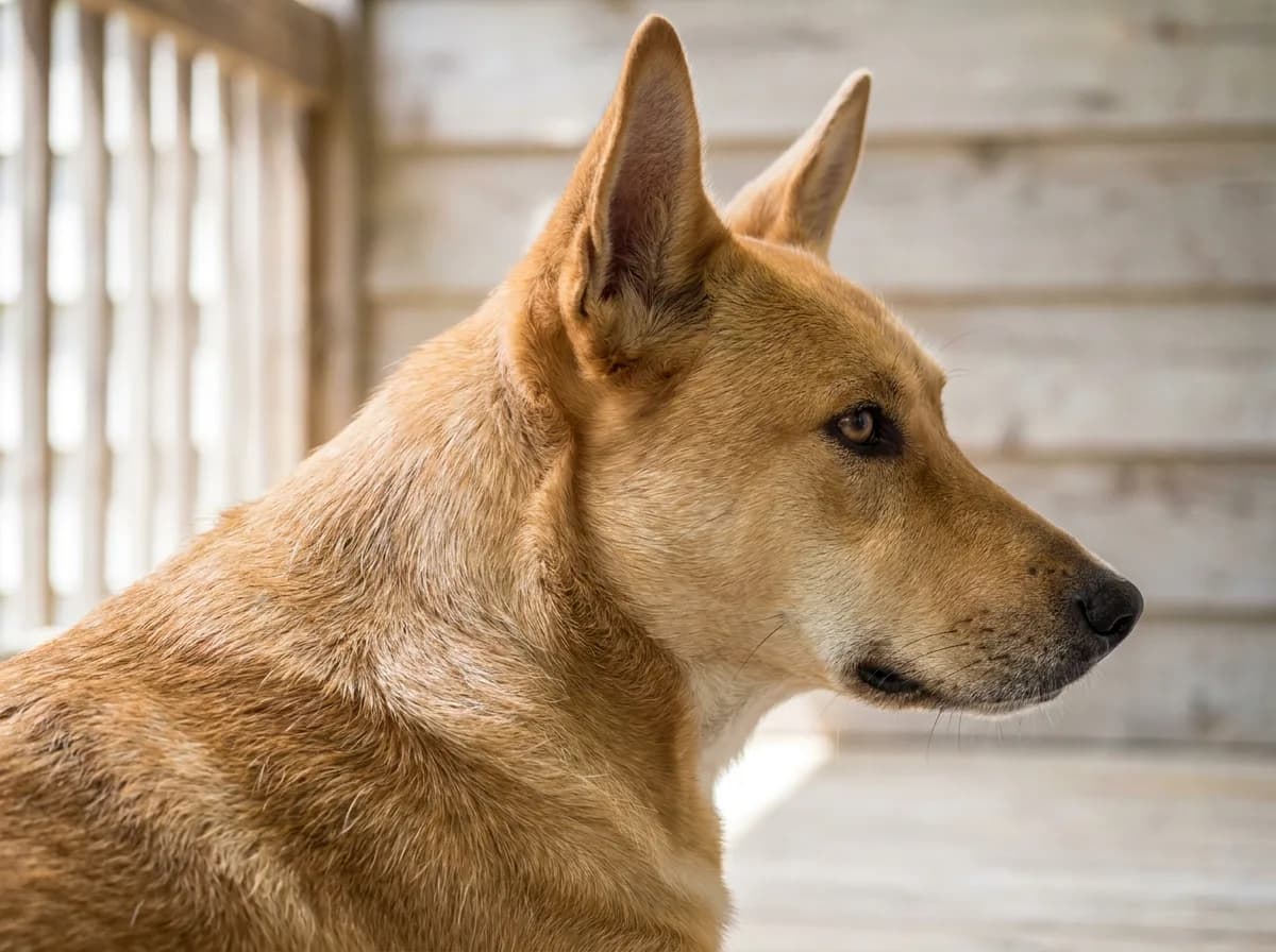 Close adult profile of a Carolina Dog on a porch showing its short coat along the neck and shoulder