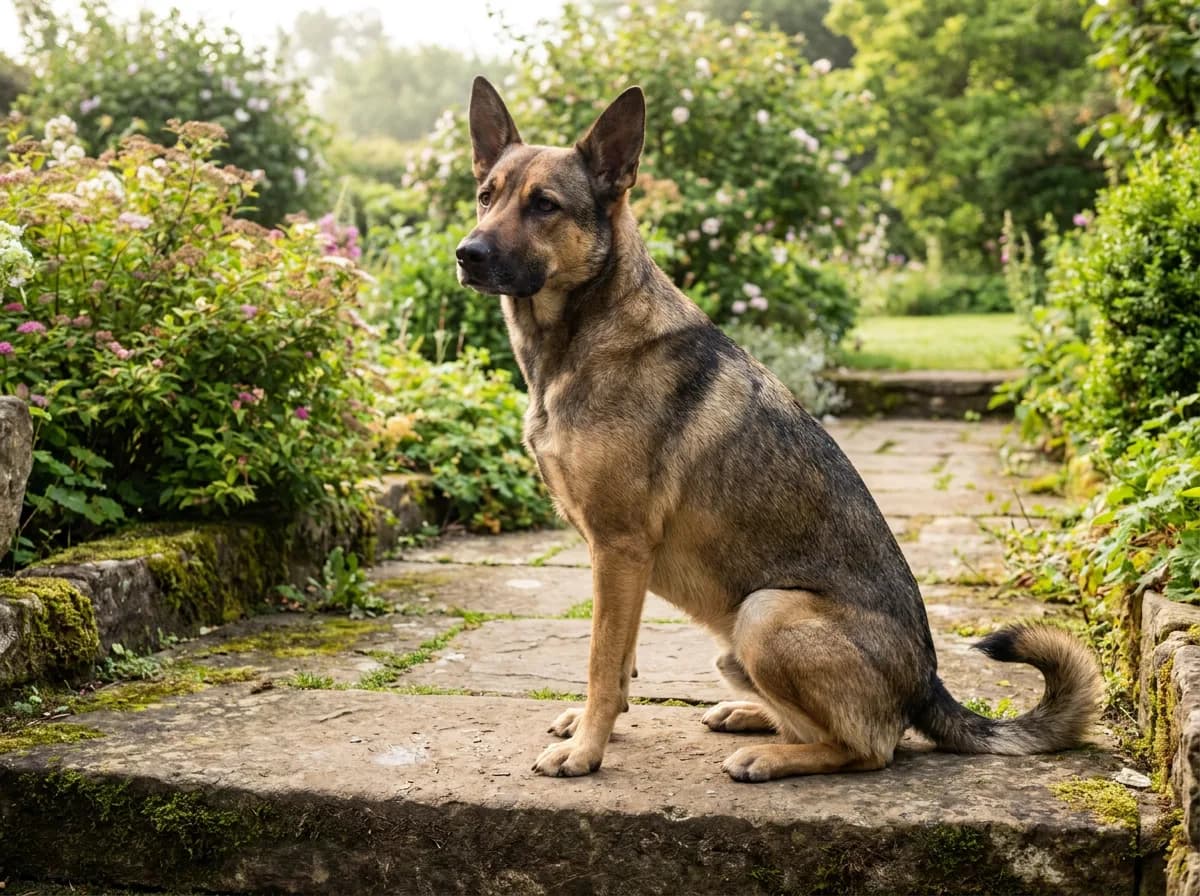 Tan and dark-saddled dog with upright ears sitting on a stone garden path