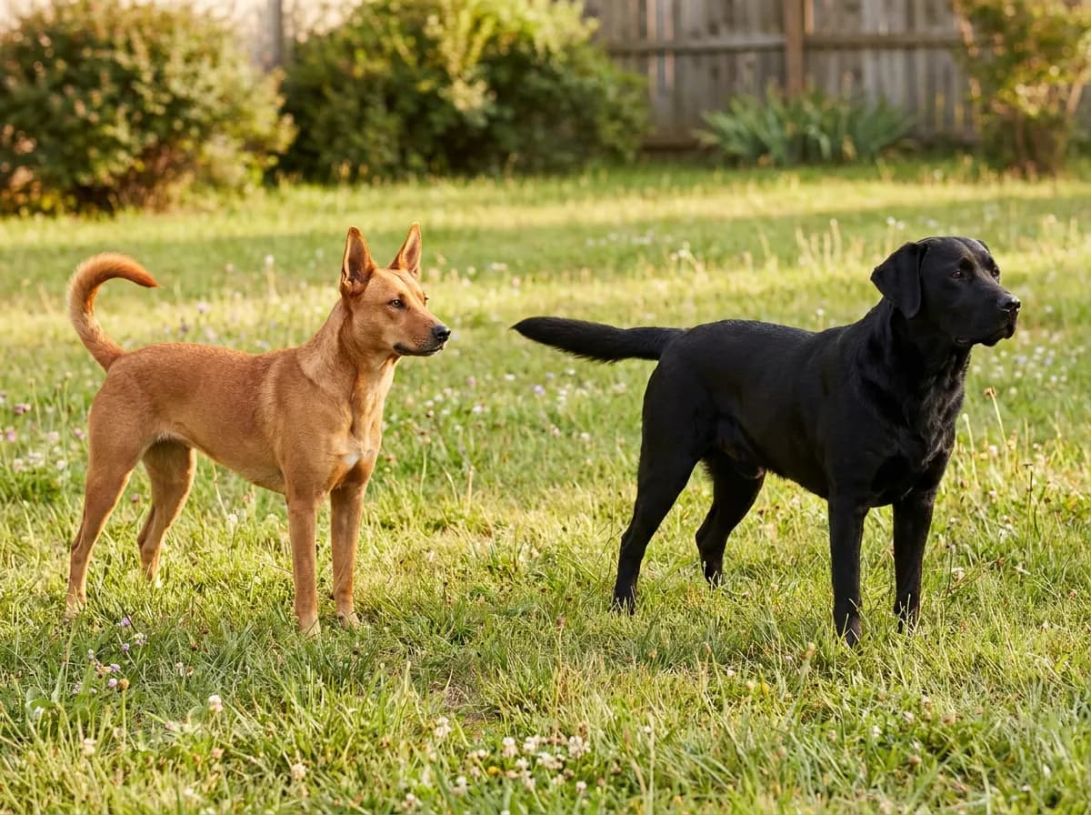 Tan Carolina Dog parent reference with upright ears beside a black Labrador parent reference in a grassy yard