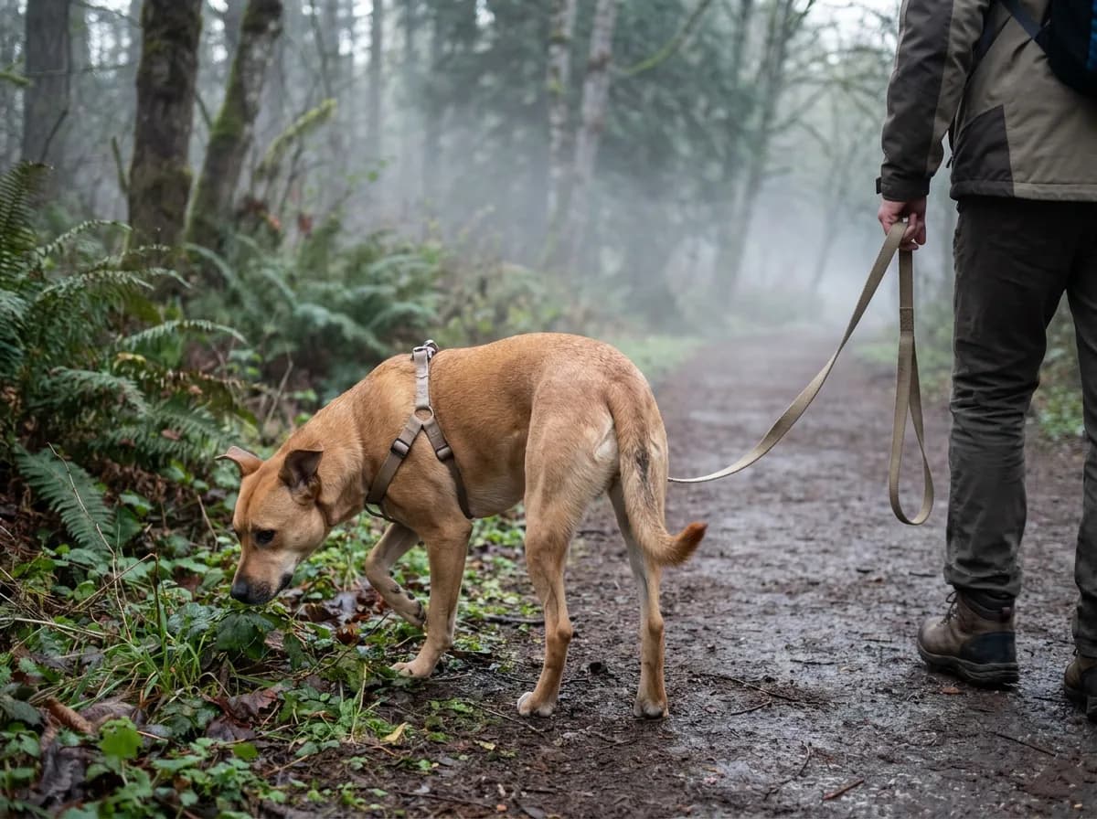 Tan dog with a short coat sniffing plants beside a handler holding a leash on a misty woodland path