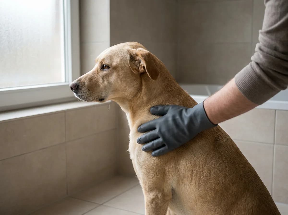 Tan short-coated dog receiving gentle contact from a black grooming glove beside a window