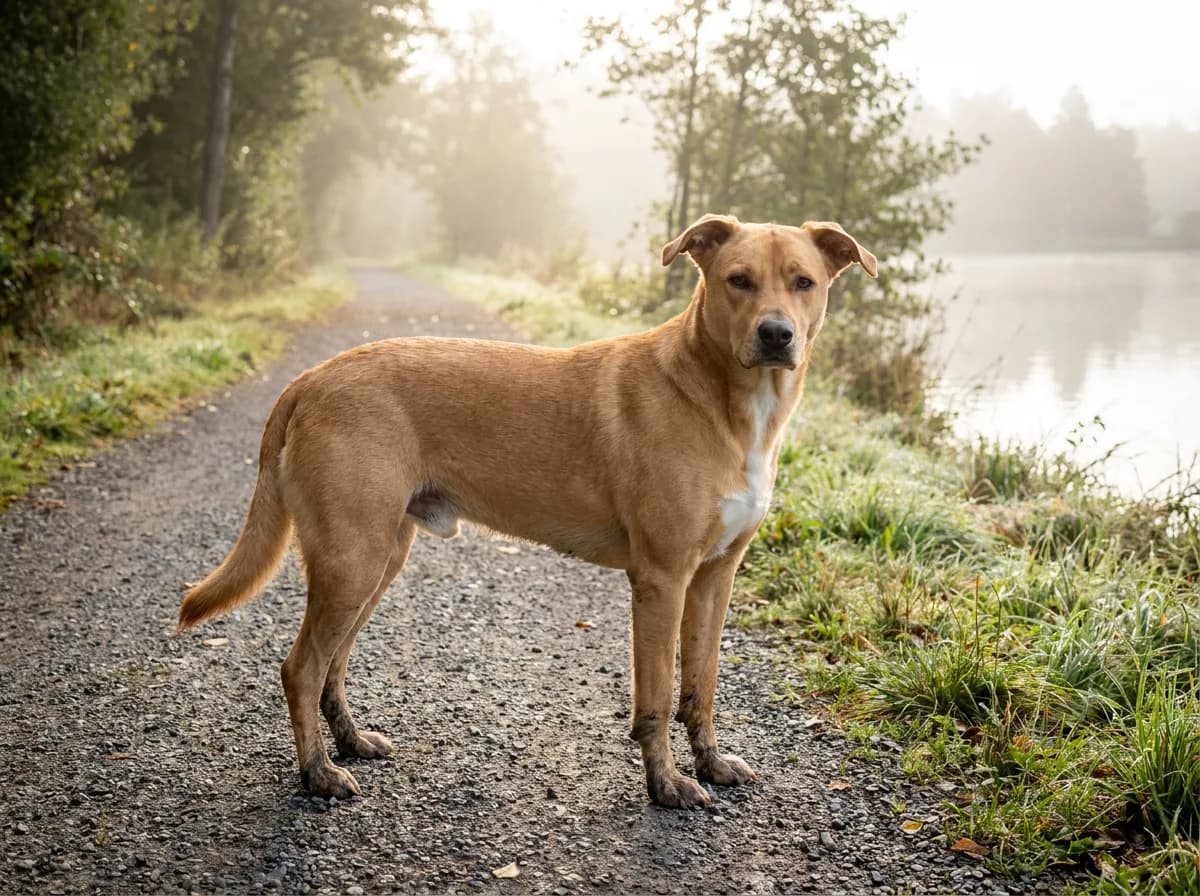 Tan short-coated dog with a white chest standing on a gravel path beside a lake