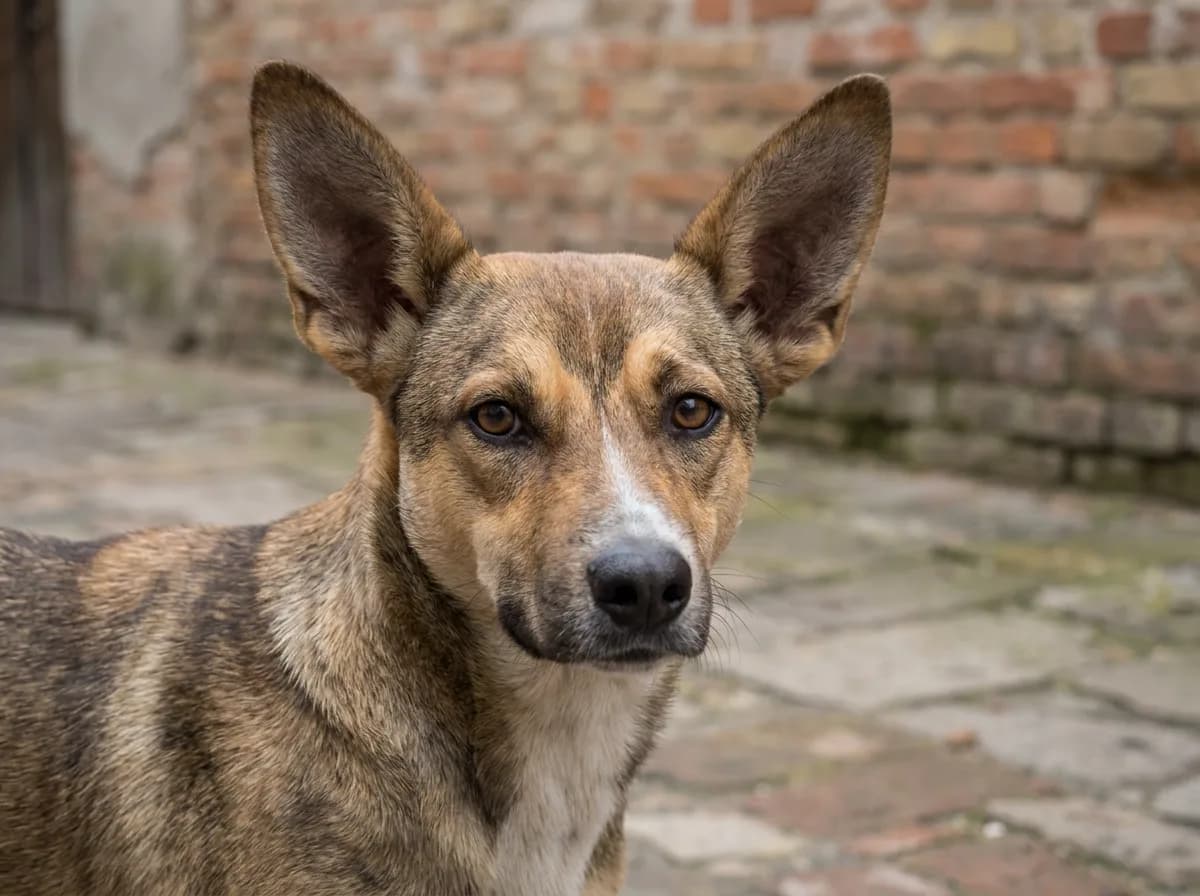 Close view of a brindle-and-white dog with upright ears against a brick wall; mixed ancestry unconfirmed