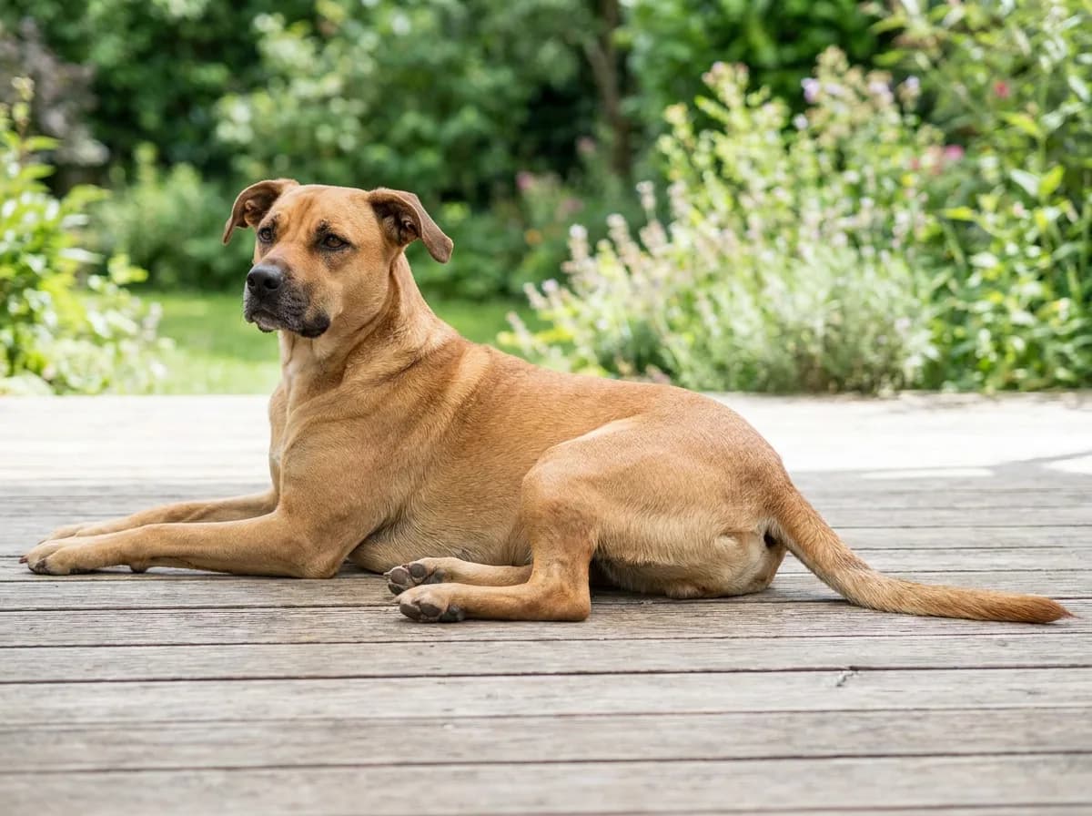 Dog with a short tan coat and folded ears lying sideways on a wooden deck; appearance is not proof of ancestry