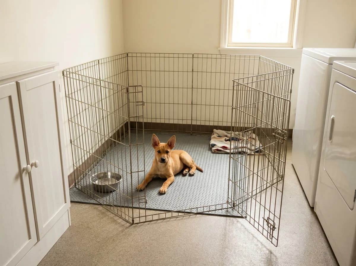 Tan puppy lying in a wire puppy pen with a water bowl and blanket rest area in a utility room