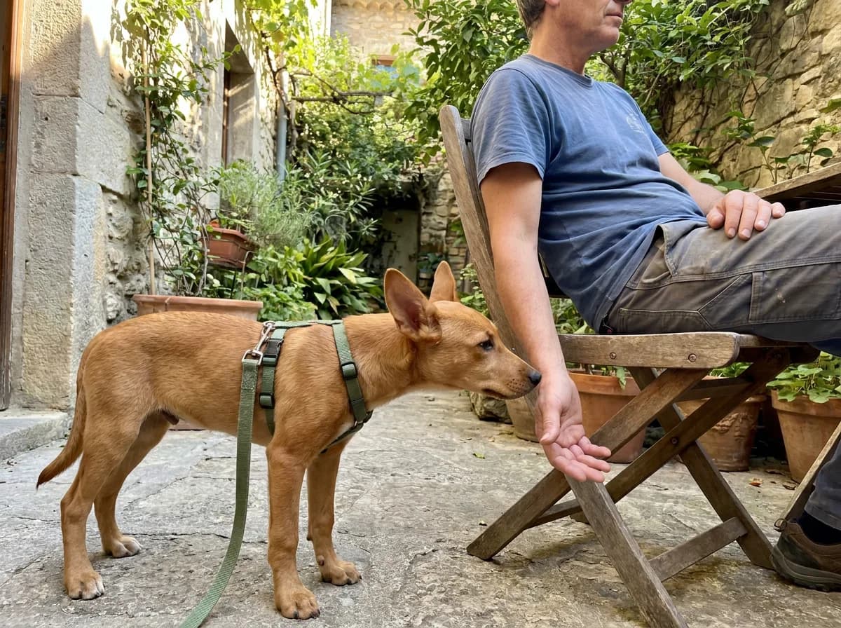 Young tan dog in a green harness sniffing a seated adult's lowered hand on a stone patio during a puppy visit
