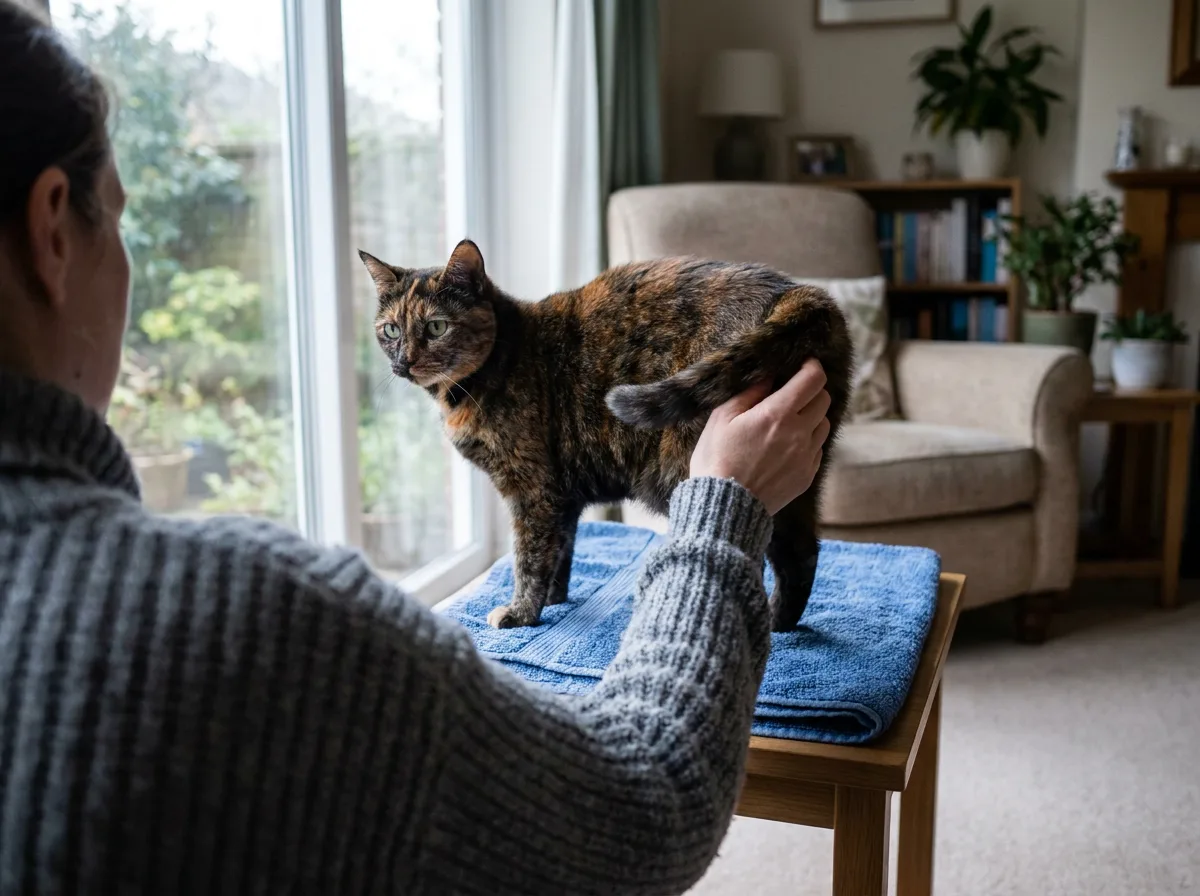 An owner gently lifting the tail of a tortoiseshell cat standing on a towel-covered table at home.