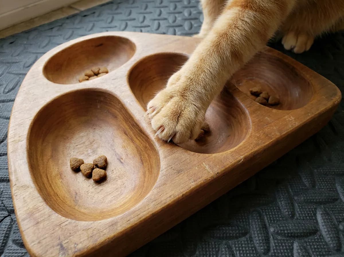 Orange cat reaching into a wooden feeding puzzle with four recessed compartments
