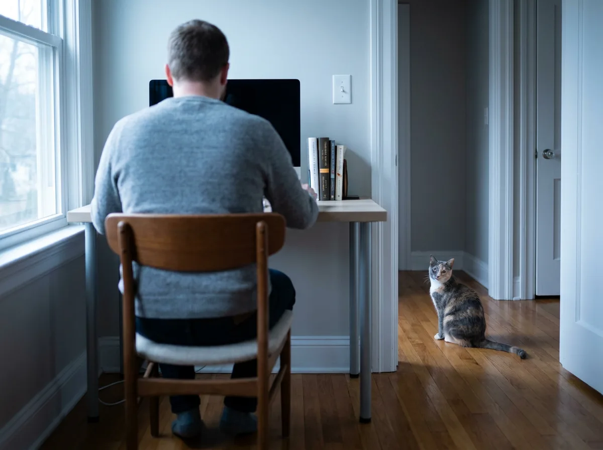 Calico cat turned toward a person seated at a home-office desk
