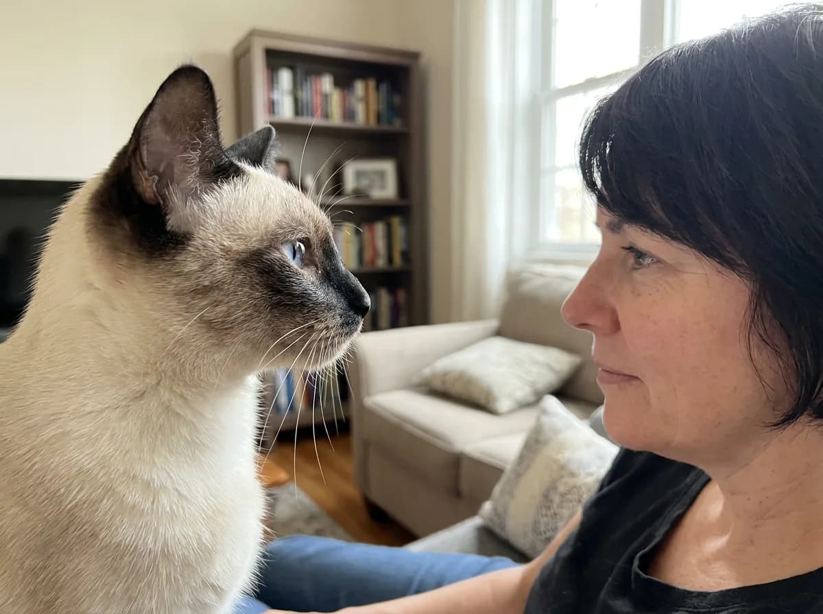 Siamese-point cat and a person facing each other at eye level