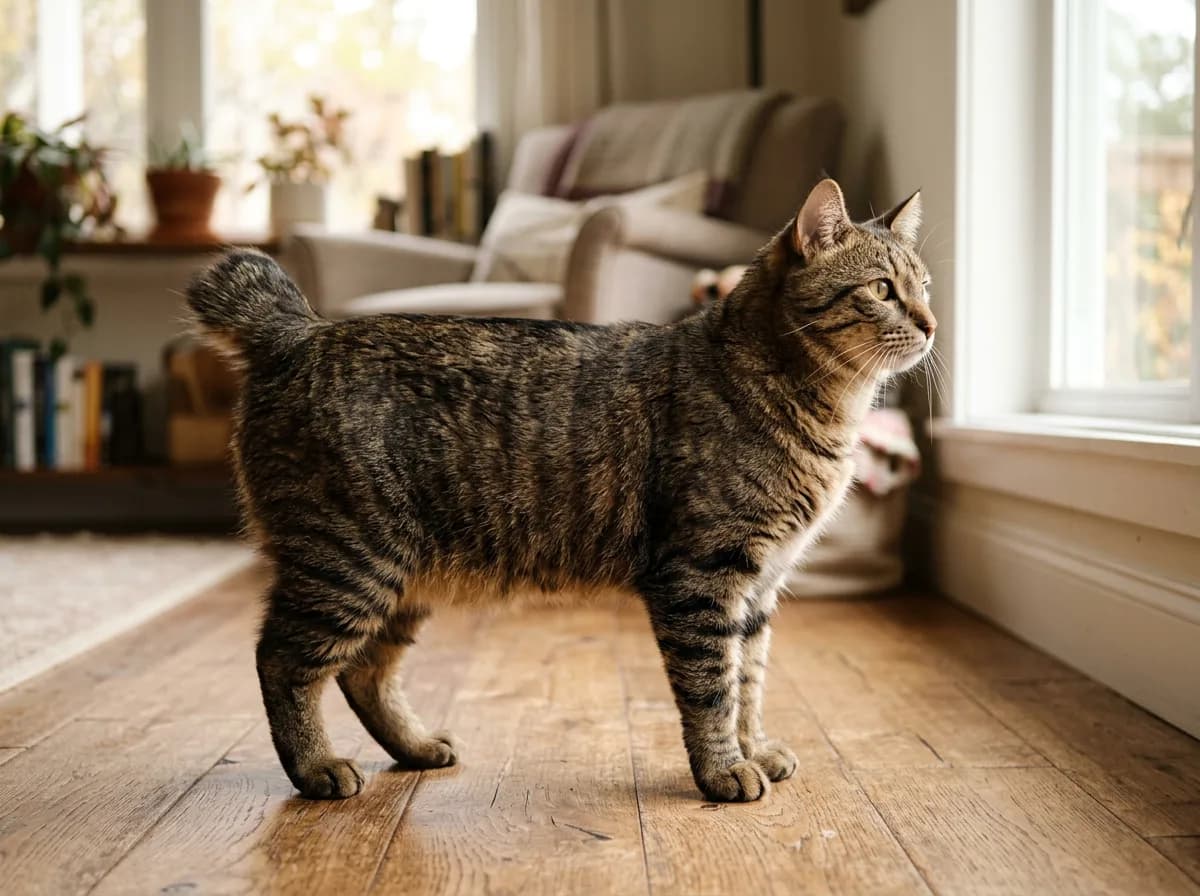 Brown tabby American Bobtail cat standing in profile showing its muscular body and short bobbed tail