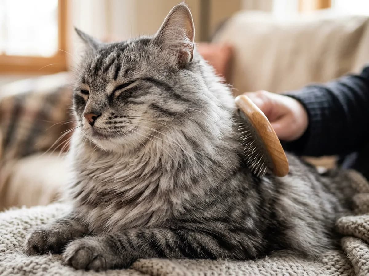 Close-up of a longhair silver American Bobtail cat being brushed showing its dense shaggy coat